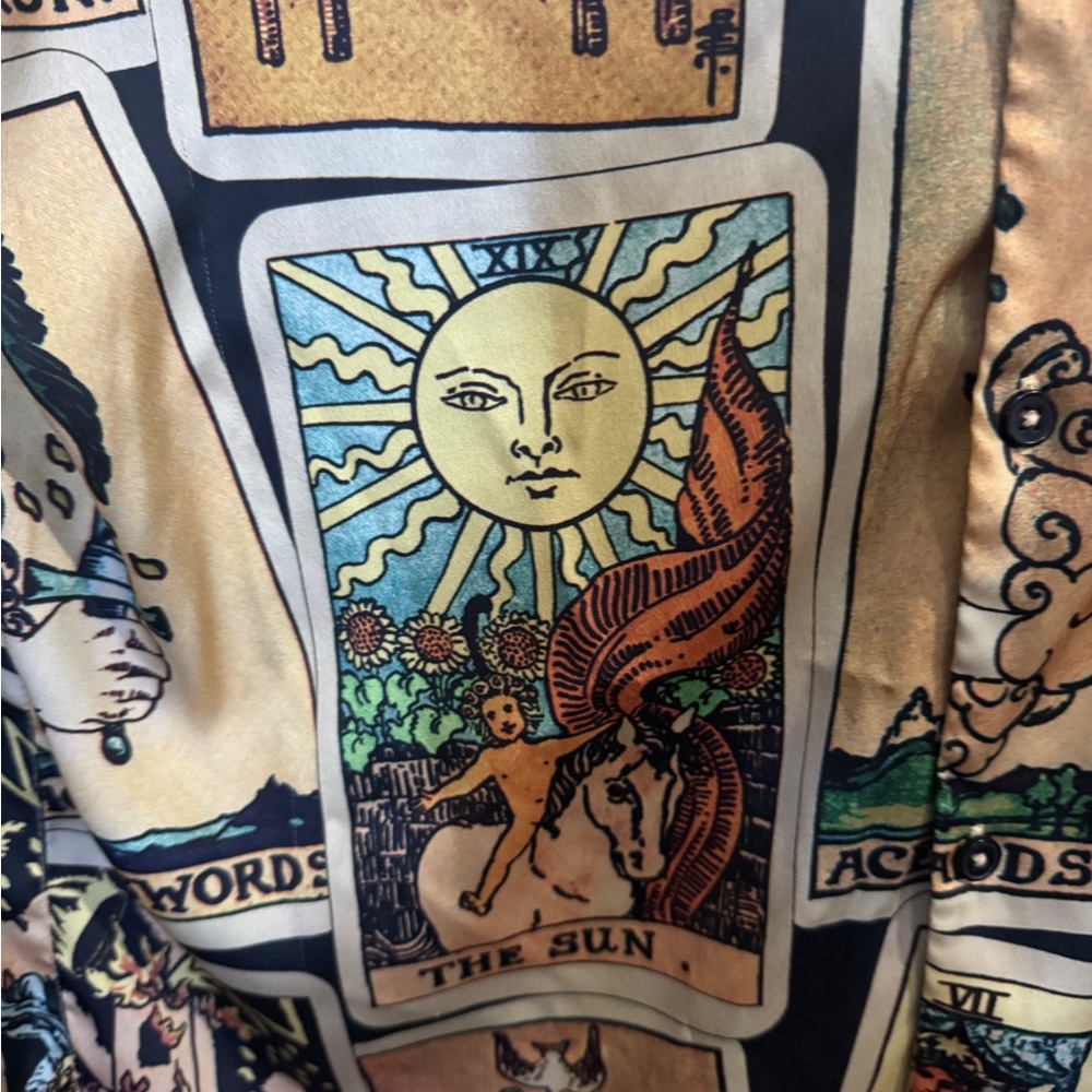 ASOS designs studio rare, tarot card, satin vibes, long line, shirt, button up
